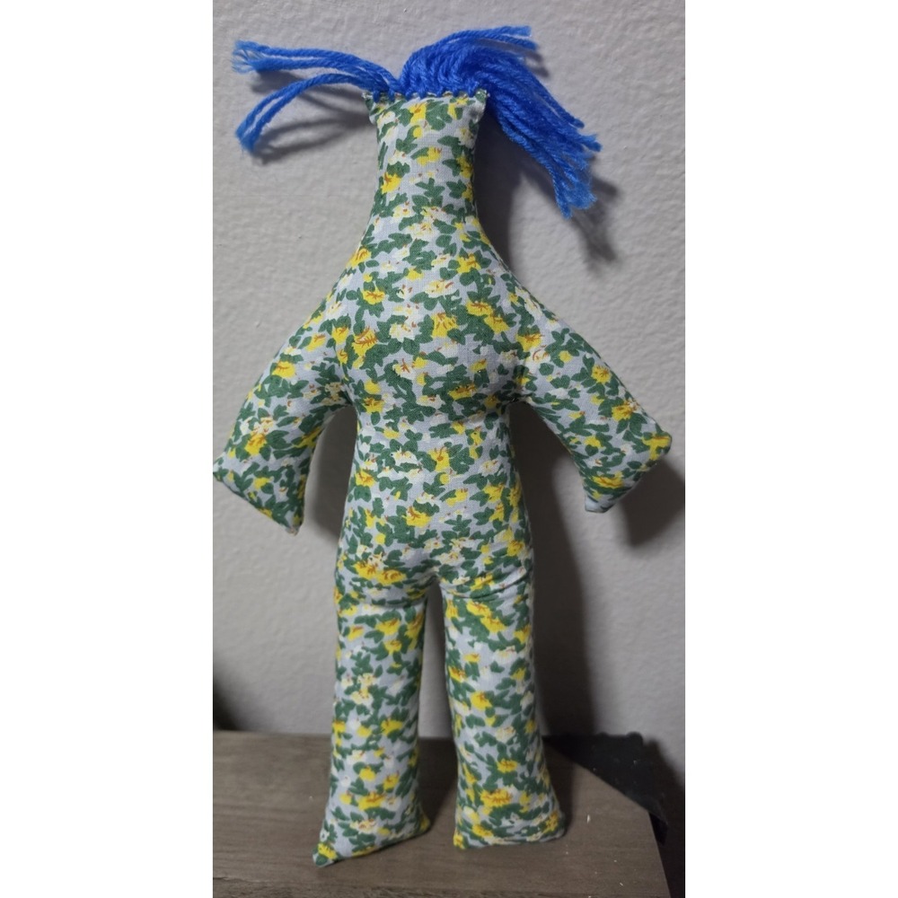 Dammit Doll Green Yellow Floral Rag Cloth Stress Relief Doll Blue Yarn Hair